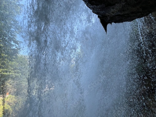 Giessbach Falls in the eponymous nature park and over Lake Brienz - Giessbachfälle (Giessbachfaelle) im gleichnamigen Naturpark und über dem Brienzersee-Canton of Bern, Switzerland (Schweiz) photo