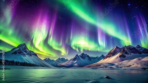 Northern lights dancing over snowy mountains