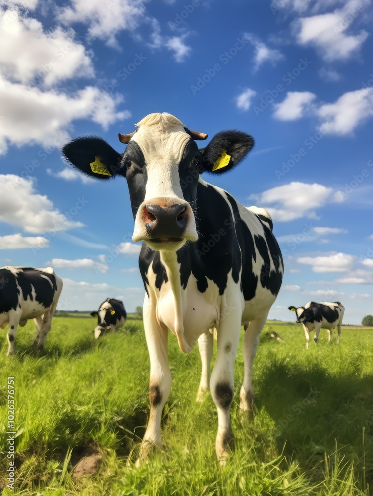 A curious Holstein cow stands in a sunny green field on a bright day A curious Holstein cow stands in a sunny green field on a bright day