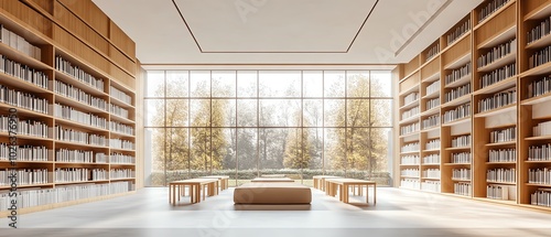 Minimalist public library with neutral color tones, blank wall space for community events or art, long study tables, and large ceilingtofloor windows, 3D rendering photo