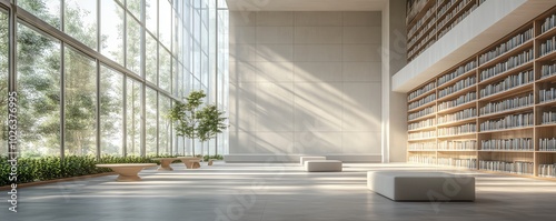 Minimalist public library with neutral color tones, blank wall space for community events or art, long study tables, and large ceilingtofloor windows, 3D rendering