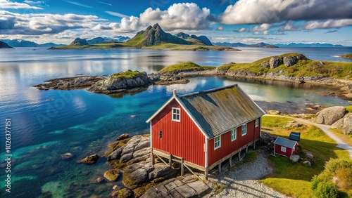 Norwegian barn on Sommaroy coast in Arctic Circle