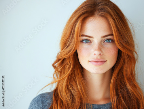 A young woman stands confidently with flowing red hair and captivating blue eyes