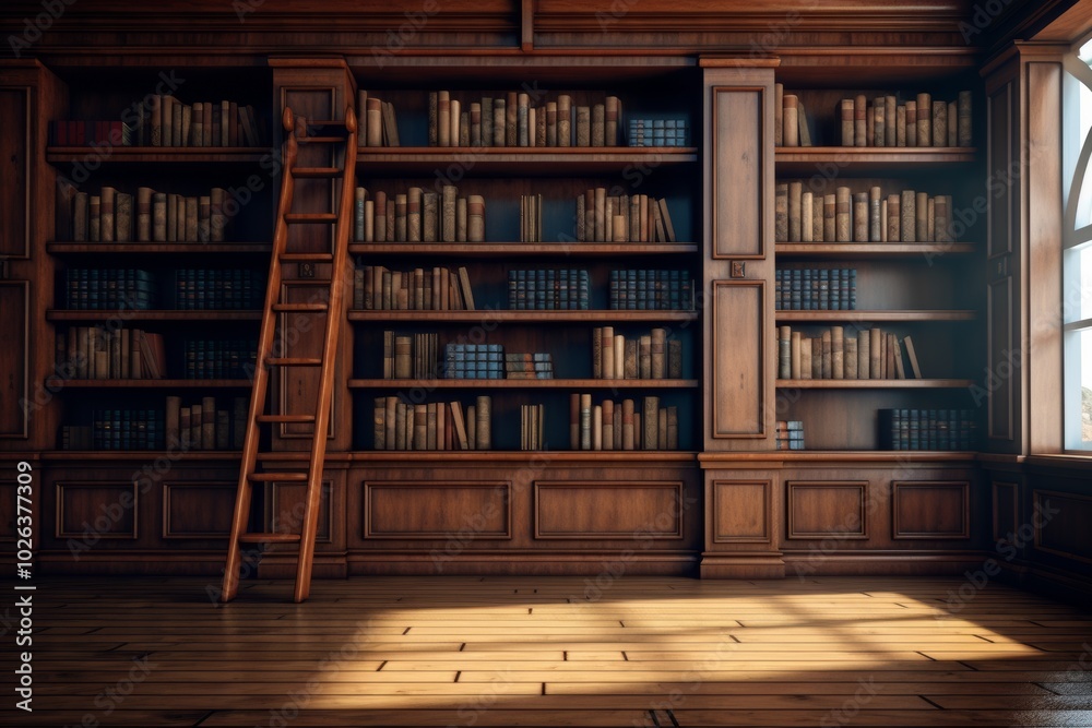 Cozy wooden library interior with tall bookshelves and a ladder during daylight Cozy wooden library interior with tall bookshelves and a ladder during daylight
