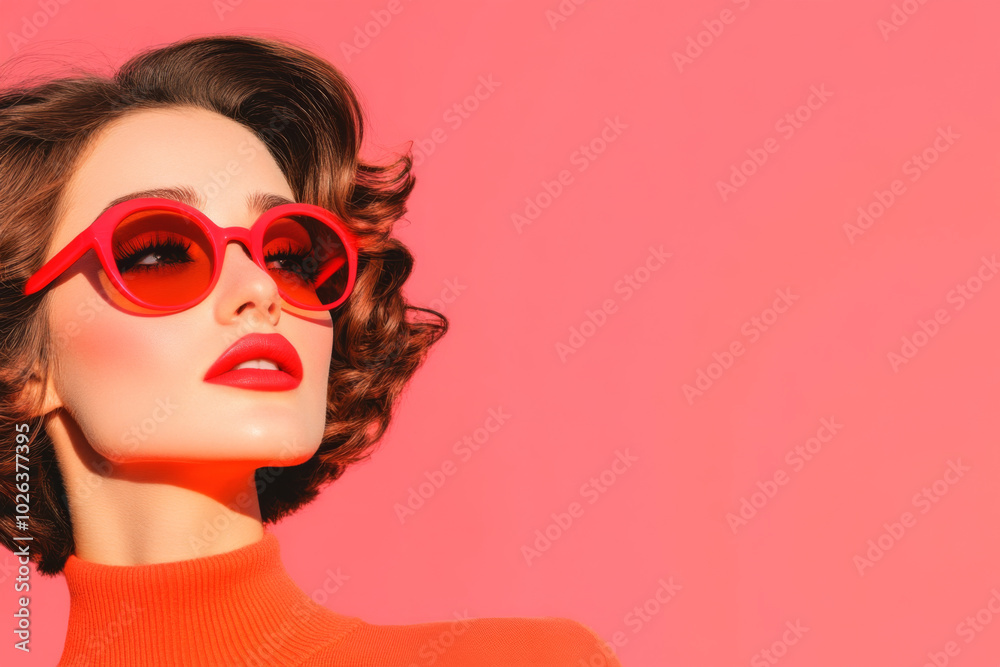 Woman with red sunglasses posing against a vibrant pink background during a sunny day Woman with red sunglasses posing against a vibrant pink background during a sunny day