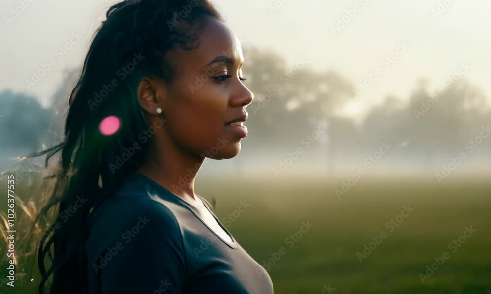 Ivorian Woman Finishing a Morning Run in Misty Park at Dawn Ivorian Woman Finishing a Morning Run in Misty Park at Dawn