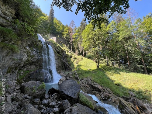 Giessbach Falls in the eponymous nature park and over Lake Brienz - Giessbachfälle (Giessbachfaelle) im gleichnamigen Naturpark und über dem Brienzersee-Canton of Bern, Switzerland (Schweiz) photo