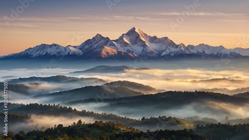 A majestic mountain range bathed in the golden light of sunrise, with mist gently covering the valleys and peaks, and a clear blue sky with soft pink hues on the horizon