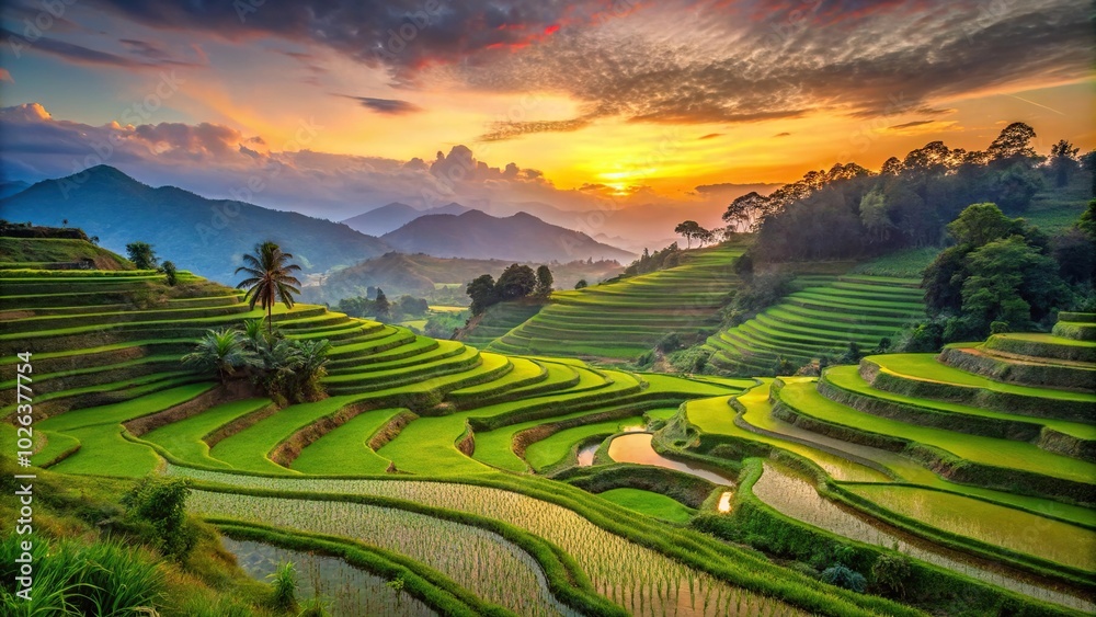 Tranquil rice terraces among lush greenery during dusk aerial view Tranquil rice terraces among lush greenery during dusk aerial view