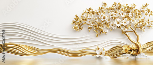 3D Wallpaper with White-Gold Background Gold Tree and Flower on Right White Silk Fabric on Left,and Water Reflection