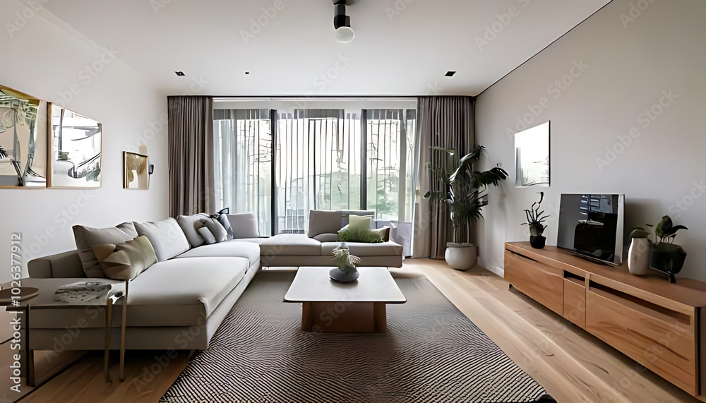 Fototapeta premium The living room with a minimalist concept, using a neutral color palette