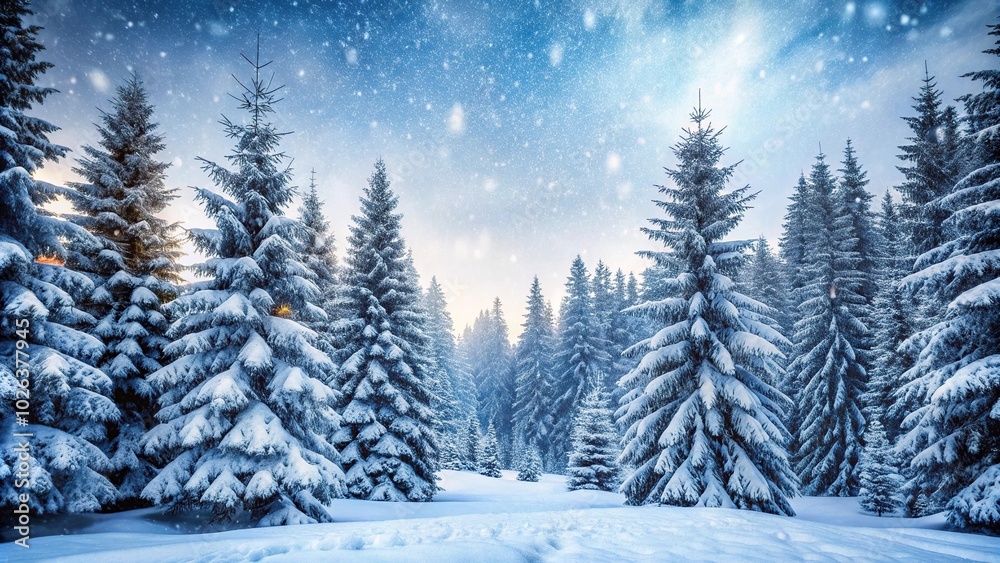 Snowy fir trees in winter forest at snowfall from a tilted angle Snowy fir trees in winter forest at snowfall from a tilted angle