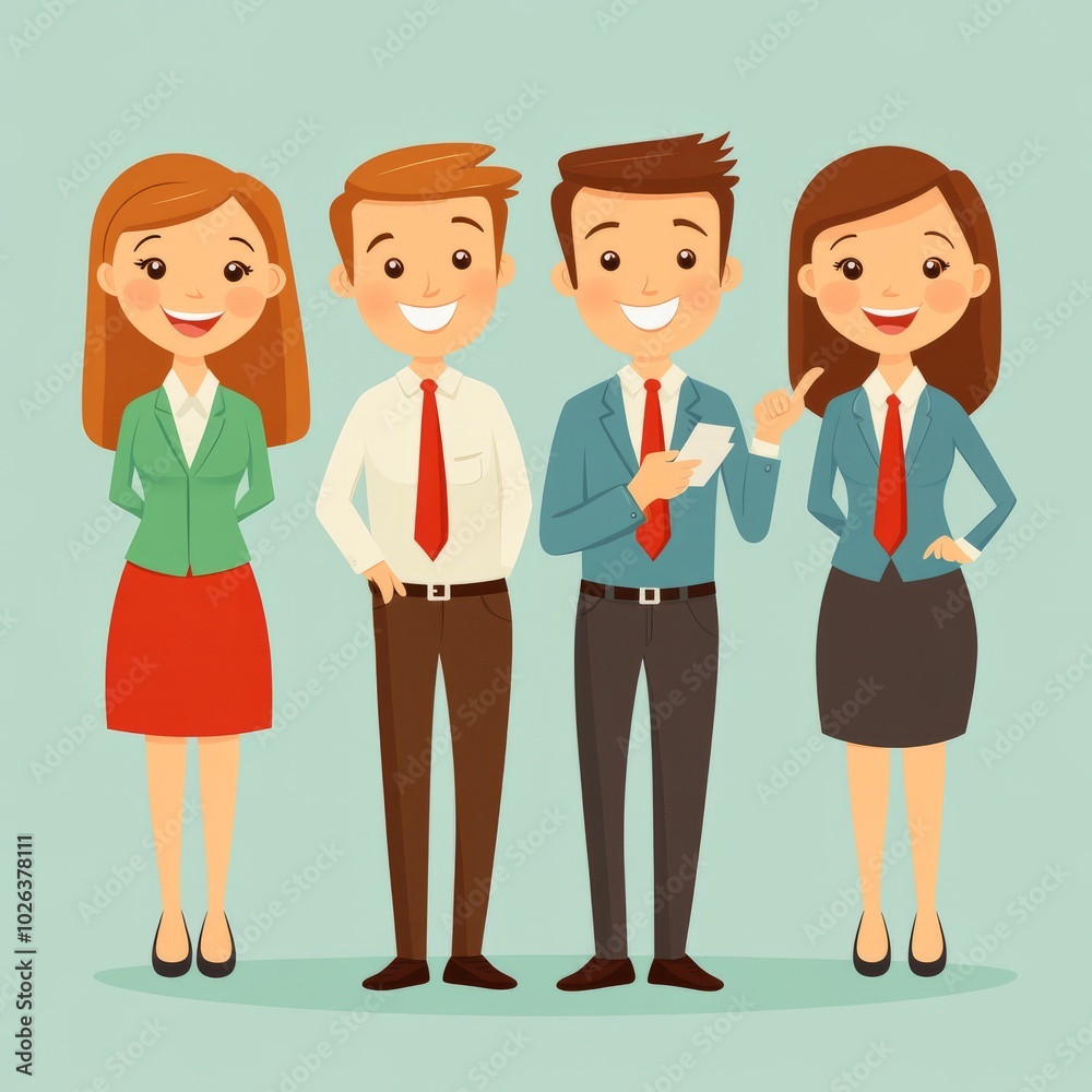 Four cheerful business professionals standing together, engaging in conversation. Four cheerful business professionals standing together, engaging in conversation.