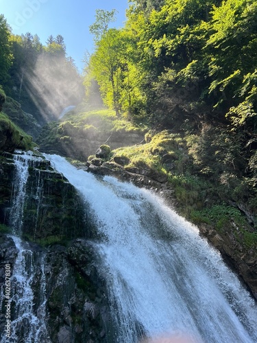 Giessbach Falls in the eponymous nature park and over Lake Brienz - Giessbachfälle (Giessbachfaelle) im gleichnamigen Naturpark und über dem Brienzersee-Canton of Bern, Switzerland (Schweiz) photo