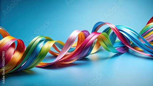 Colorful ribbons twisting elegantly against soft blue background silhouette