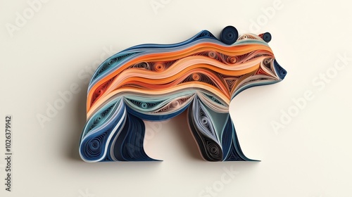 Colorful quilling art depicting a bear silhouette, featuring intricate curled paper strips in shades of blue, orange, red, and teal on a neutral background.