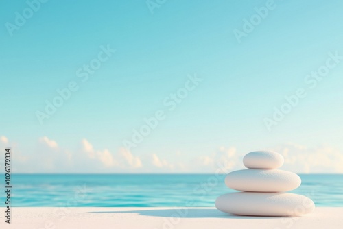 Serene stack of smooth stones by tranquil blue ocean and clear sky.
