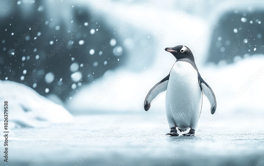 Fototapeta premium 2d In the picture, a penguin walks steadily in the snow, captured by high-definition photography. In a white and flawless snow background,