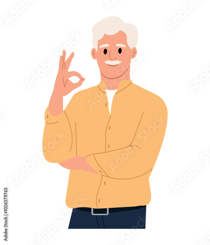 An elderly man shows an OK sign with his hand. Satisfied man approving something. Vector flat illustration isolated on white background