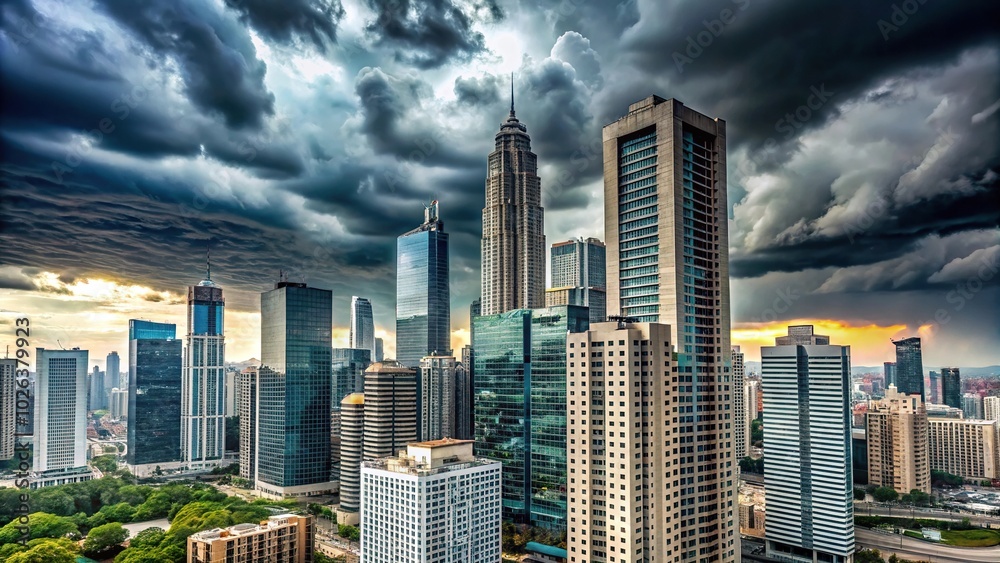 Under the overcast weather gazing up at the towering skyscrapers Wide-Angle Under the overcast weather gazing up at the towering skyscrapers Wide-Angle