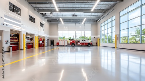 Spacious Fire Station Work Area with Equipment Shelves: A bright, open work area featuring neatly organized shelves filled with firefighting equipment and gear. 