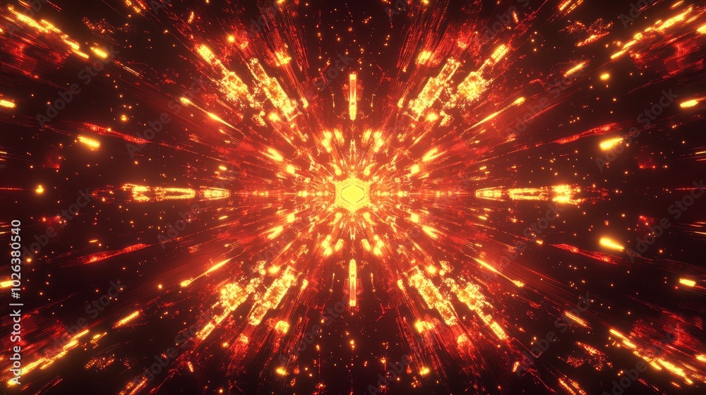 Obraz premium Abstract glowing orange and red starburst pattern with a central star in a dark background.