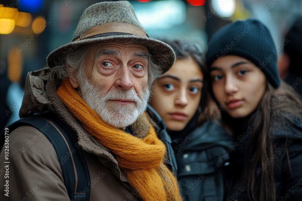 Man and a woman are standing next to each other. The man is wearing a brown jacket and a scarf, while the woman is wearing a black jacket. old man offending a group of young people at a bus stop Man and a woman are standing next to each other. The man is wearing a brown jacket and a scarf, while the woman is wearing a black jacket. old man offending a group of young people at a bus stop