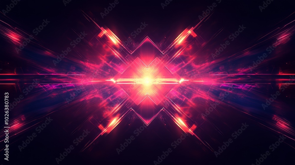 Obraz premium Abstract glowing red and pink light streaks radiating from a central point on a black background.