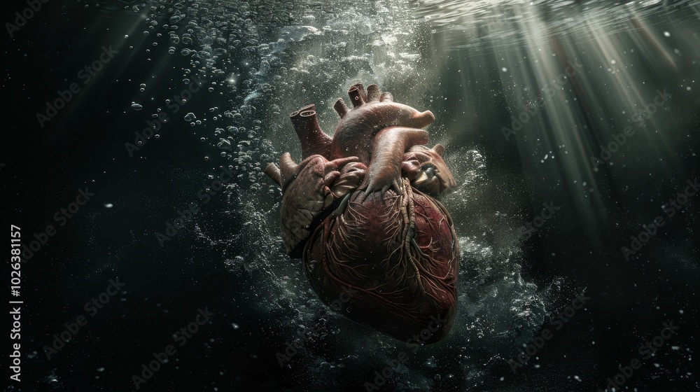 Obraz premium Dramatic aerial view of a decayed heart sinking into dark water with light beams and bubbles