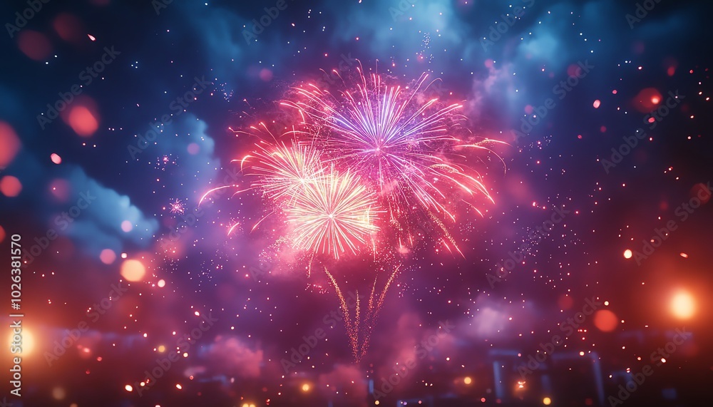 A dazzling fireworks display in the night sky, multicolored light bursts reflecting over a cityscape, adding sparkle to festive celebrations A dazzling fireworks display in the night sky, multicolored light bursts reflecting over a cityscape, adding sparkle to festive celebrations