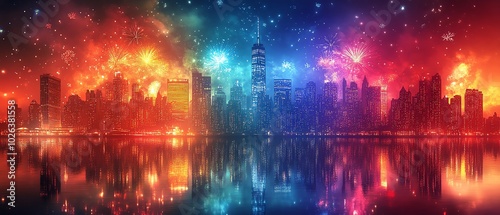 A dazzling fireworks display in the night sky, multicolored light bursts reflecting over a cityscape, adding sparkle to festive celebrations