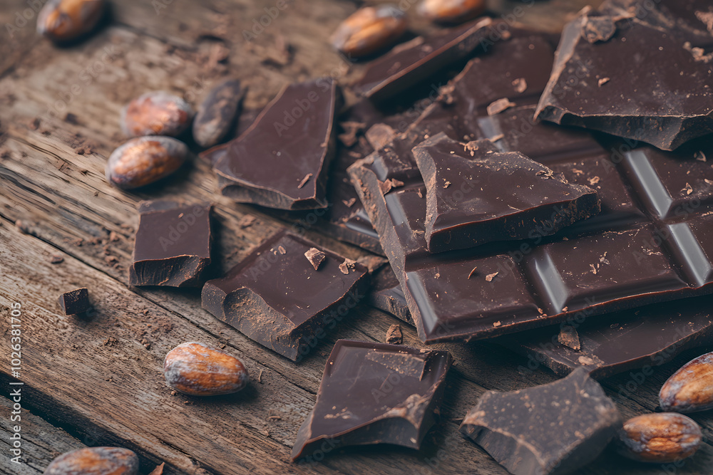 Dark chocolate and nuts with wooden background.