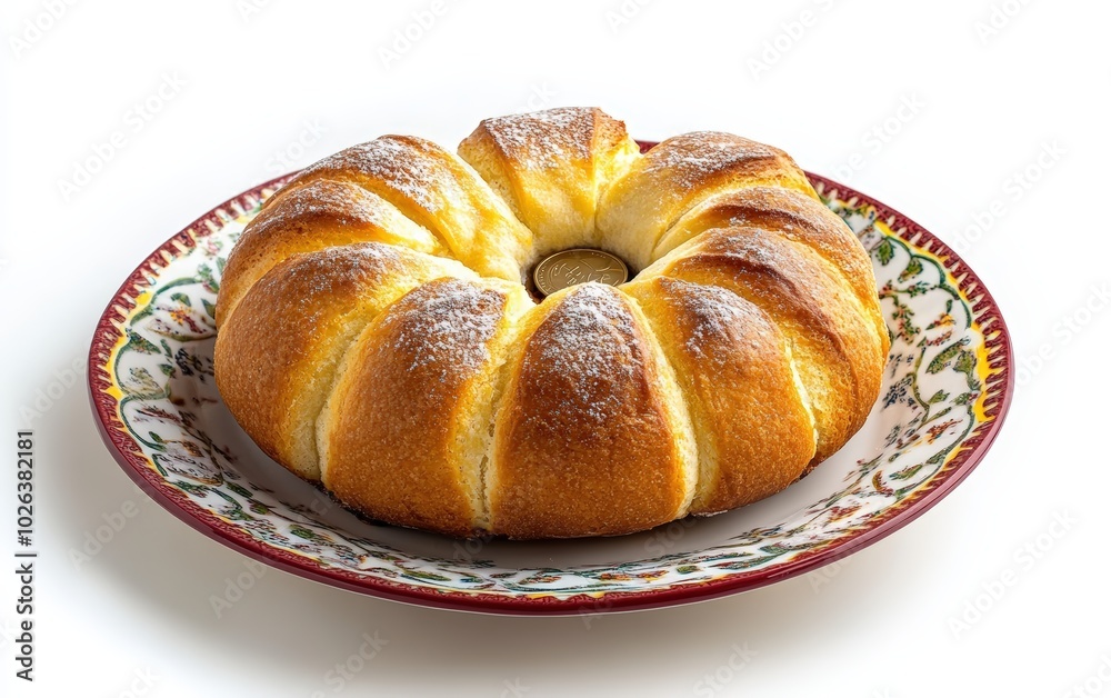 A freshly baked Vasilopita bread with a coin hidden inside, presented on a decorative plate against a pure white background. A freshly baked Vasilopita bread with a coin hidden inside, presented on a decorative plate against a pure white background.