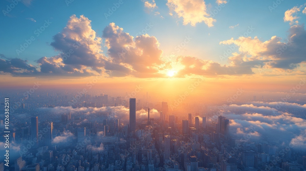 The sun is setting over a city with a large building in the foreground The sun is setting over a city with a large building in the foreground