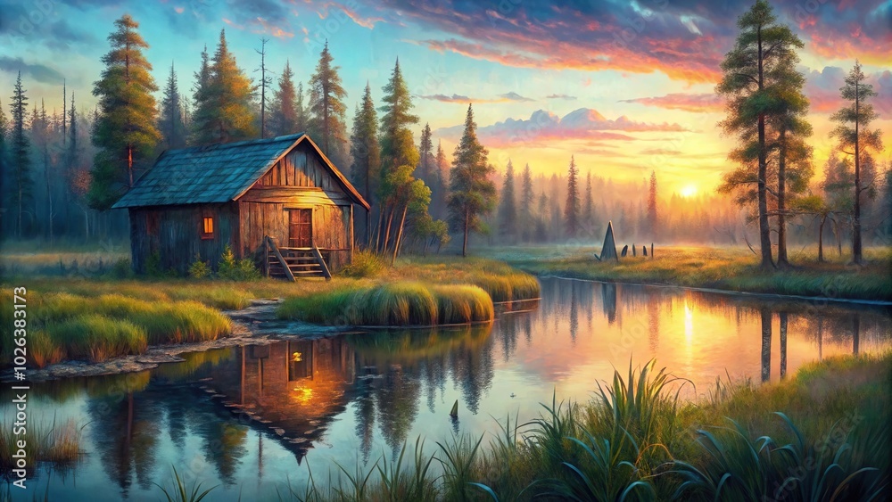 Obraz premium Oil painting of cabin on swamp at twilight