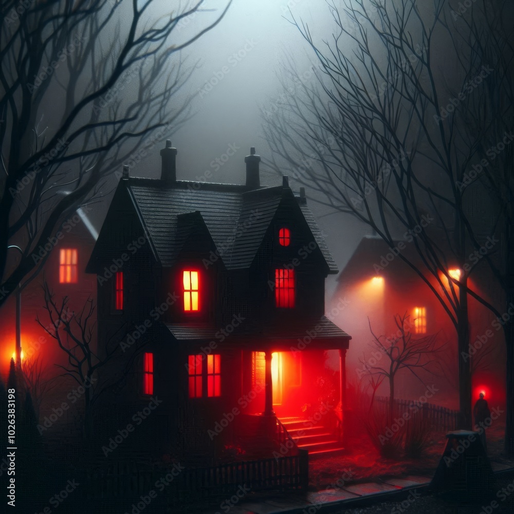 Creepy House in Foggy Night