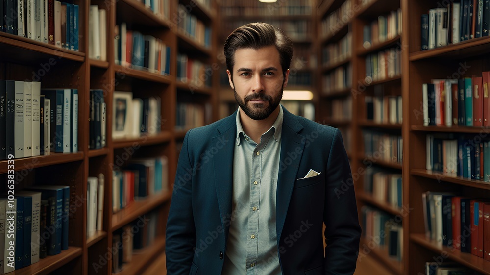 Photo of a man surrounded by a library full of books. Photo of a man surrounded by a library full of books.