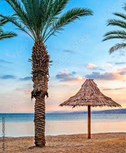 Beautiful sunrise at central public beach in Eilat – famous tourist resort an...