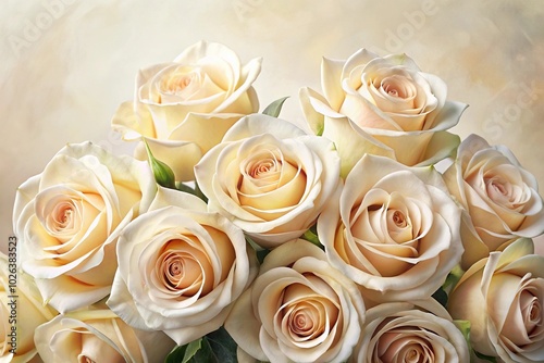 Oil painting of cream beige rose flowers on white background