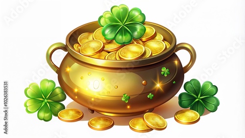 Golden Pot of Coins with Shamrocks, St. Patrick's Day Treasure