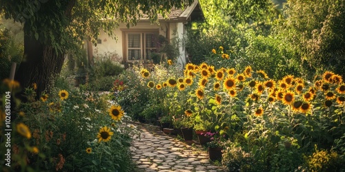 Charming Cottage Garden with Blooming Sunflowers and Cobblestone Path