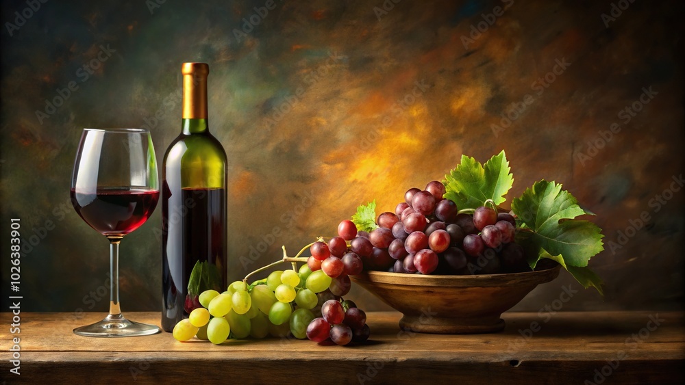 Fototapeta premium Oil painting of grapes, glass of wine, bottle of wine, leading lines