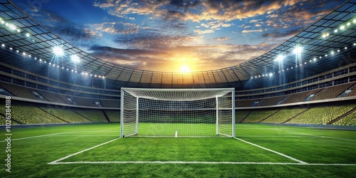 Stadium tribunes with football goal on green pitch in Depth of Field