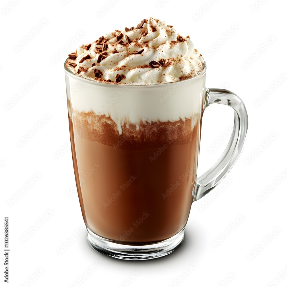 Delicious hot chocolate with whipped cream in clear mug Delicious hot chocolate with whipped cream in clear mug