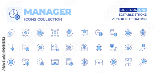 Manager icons collection. Line Duotone style, editable stroke. archive, adjust, folder, personal information, setup, time management, content management, sustain, idea, application, sell