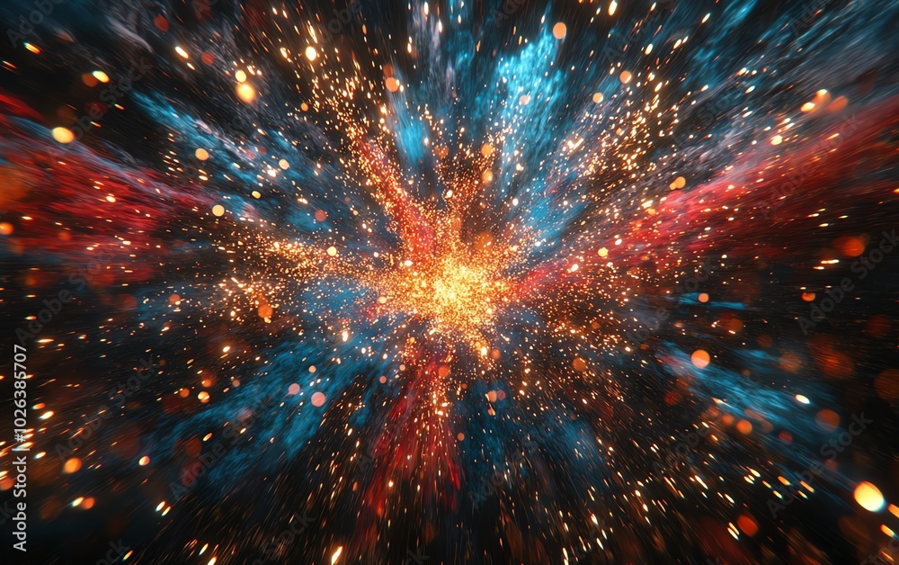 Joyful explosions of fireworks illuminating the night, vibrant streaks of red, blue, and gold, perfect for holiday events and celebrations