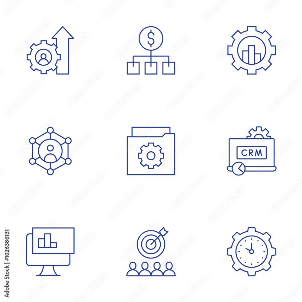 Manager icons set. Thin Line style, editable stroke. business, cost, sales, community manager, folder, crm, analysis, target, time management Manager icons set. Thin Line style, editable stroke. business, cost, sales, community manager, folder, crm, analysis, target, time management