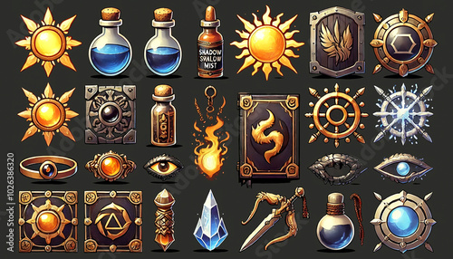 Set of Sun Symbols Magical Potions Shields and Fire Icons for Fantasy Games photo