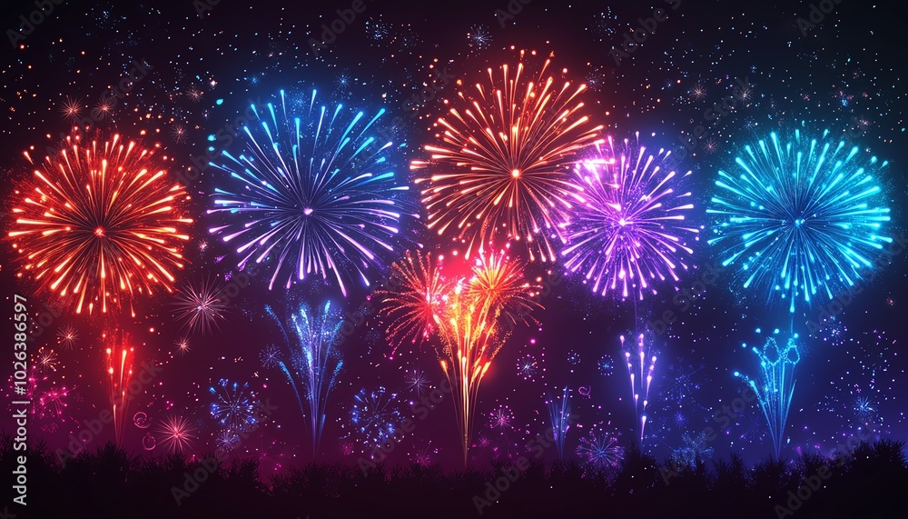 Vivid fireworks light up the night with sparkling colors, adding festive joy to a beautiful holiday celebration scene Vivid fireworks light up the night with sparkling colors, adding festive joy to a beautiful holiday celebration scene