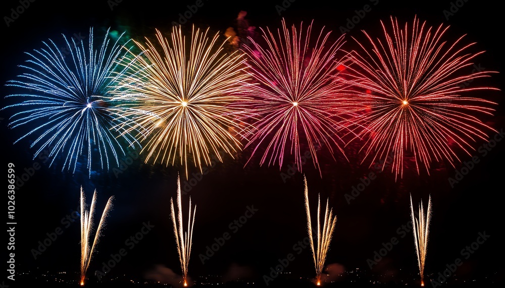 Vivid fireworks light up the night with sparkling colors, adding festive joy to a beautiful holiday celebration scene Vivid fireworks light up the night with sparkling colors, adding festive joy to a beautiful holiday celebration scene